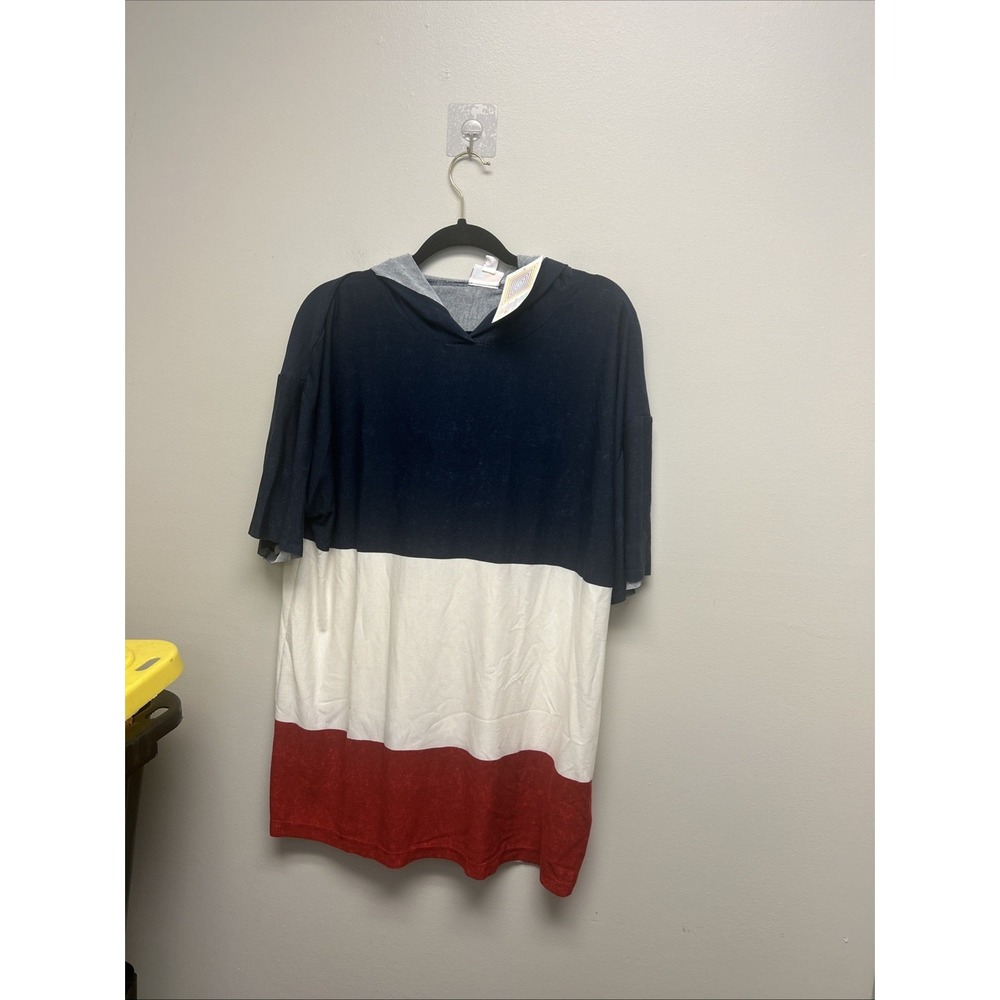 M Medium Lularoe Americana Frankie Short Sleeve Hoodie Red White Blue Colorblock